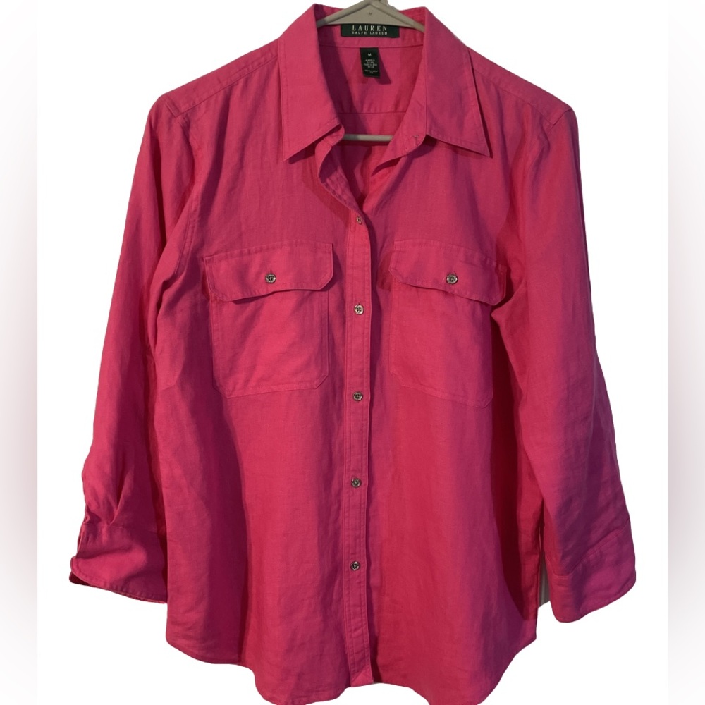 Lauren by Ralph Lauren Pink Linen Button Down M